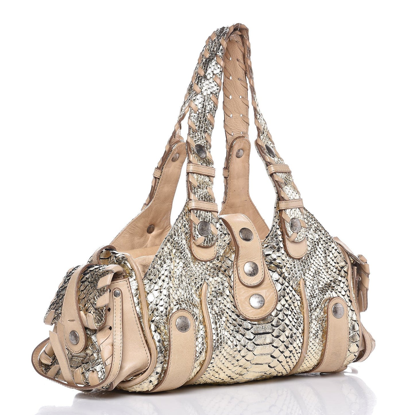 Metallic Python Calfskin Silverado Shoulder Bag Silver Beige
