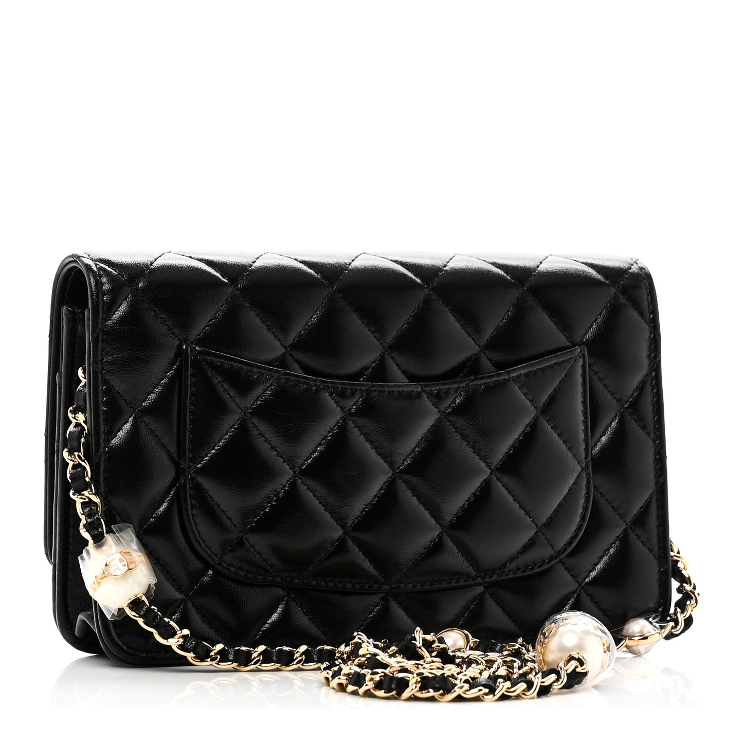 Shiny Lambskin Quilted CC Pearl Wallet on Chain WOC Black