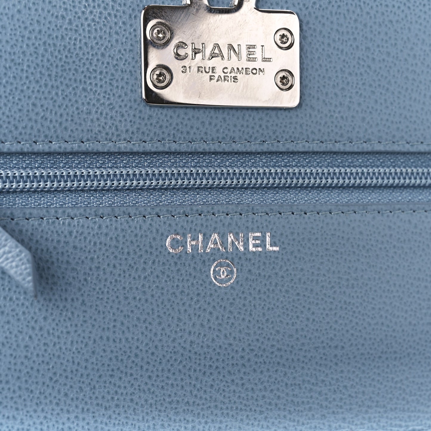 Grained Calfskin Quilted CC Box Wallet On Chain WOC Blue