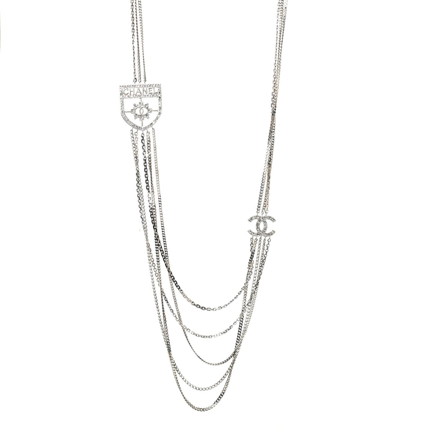 Baguette Crystal CC Shield Multi Strand Long Chain Necklace Silver