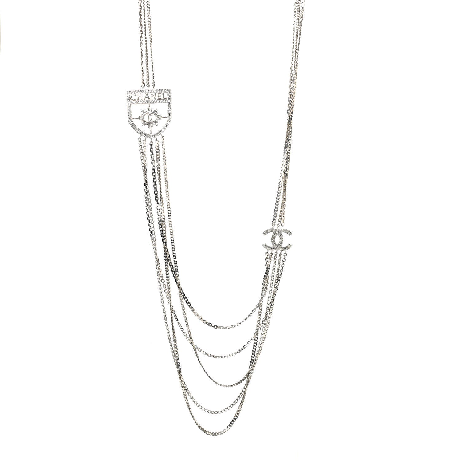 Chanel Baguette Crystal CC Shield Multi Strand Long Chain Necklace Silver 1 of 7