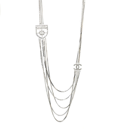Chanel Baguette Crystal CC Shield Multi Strand Long Chain Necklace Silver 1 of 7