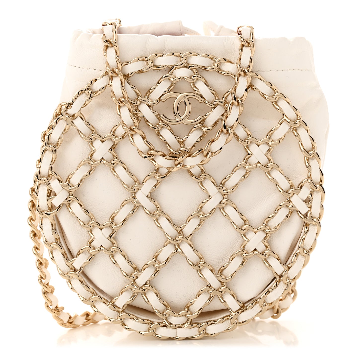 Lambskin Quilted Round Caged Chain Around Crossbody White