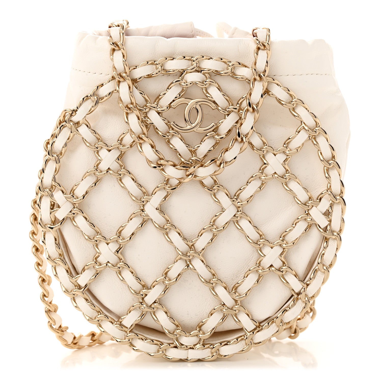 Chanel Lambskin Quilted Round Caged Chain Around Crossbody White 1 of 10