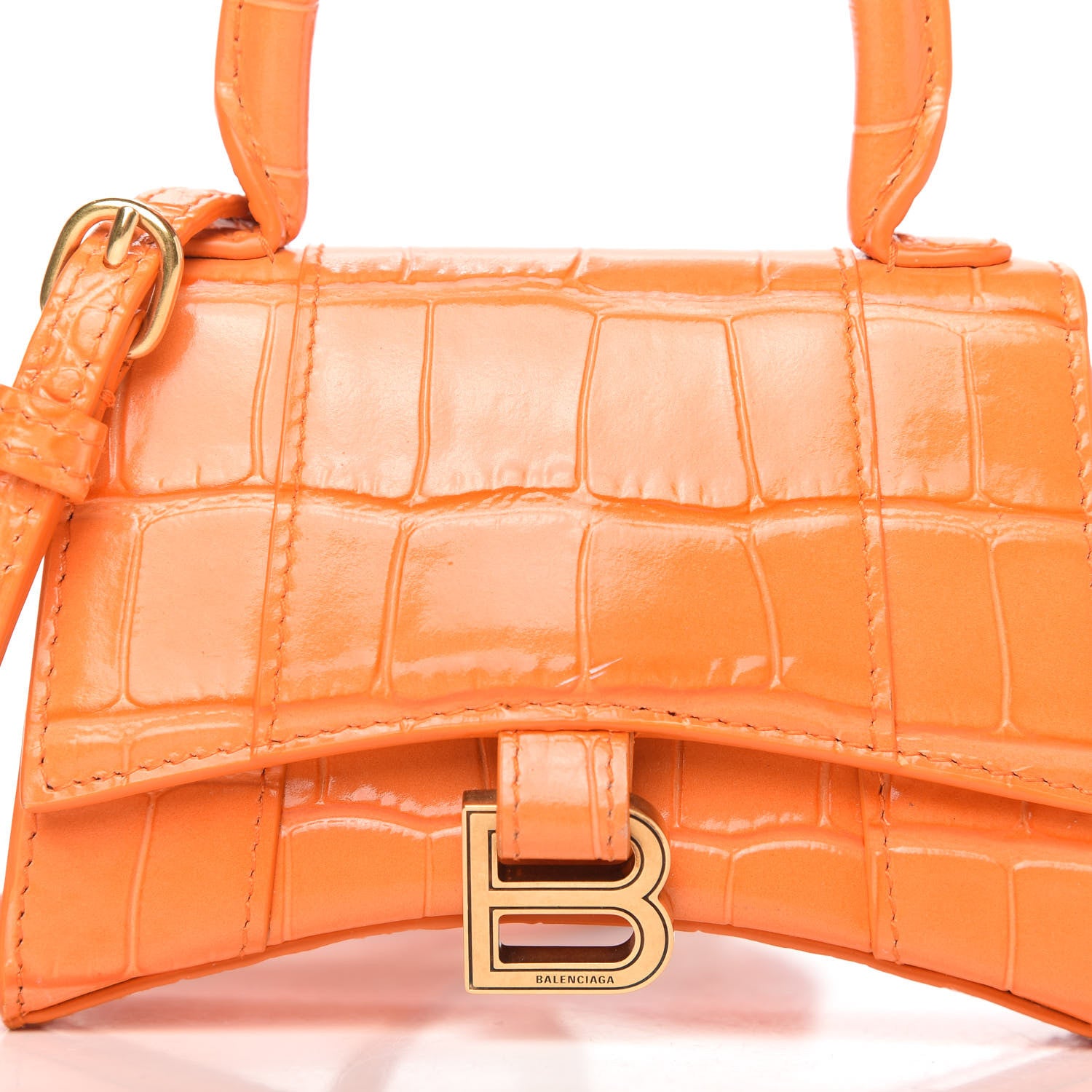 Balenciaga Shiny Calfskin Crocodile Embossed Hourglass Top Handle Bag Mini Orange 9 of 10