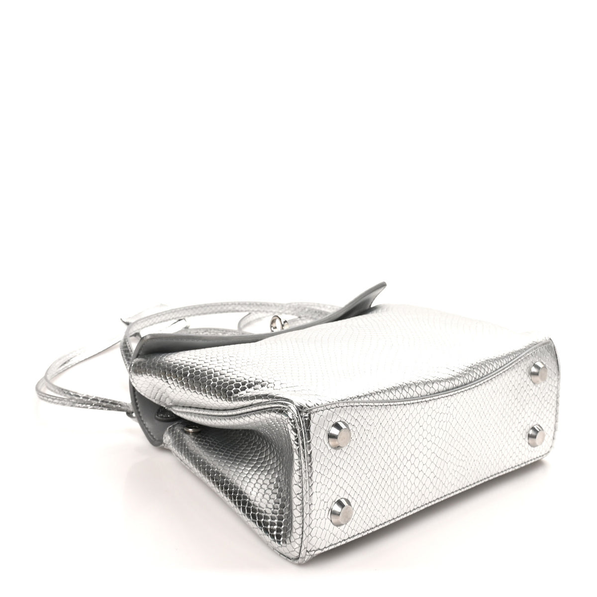 Metallic Calfskin Snakeskin Embossed Mini Rodeo Top Handle Handbag Silver