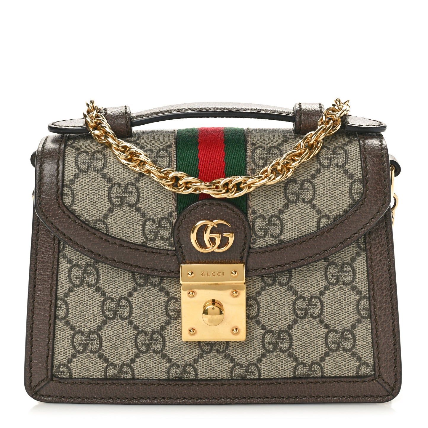 GG Supreme Monogram Textured Dollar Calfskin Web Mini Ophidia Padlock Top Handle Chain Shoulder Bag Beige Ebony New Acero