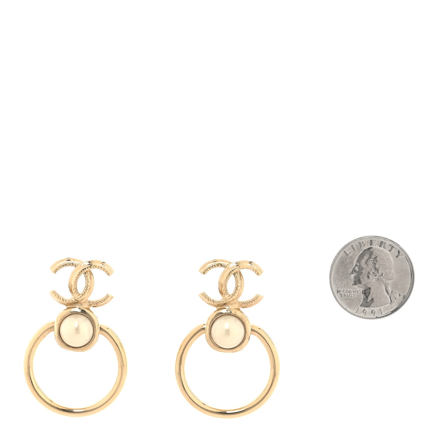 Chanel Metal Pearl CC Hoop Drop Earrings Gold 2 of 5