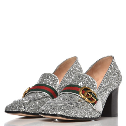 Gucci Glitter Nappa Web Peyton 75mm Loafer Pumps 38 Argento 2 of 12