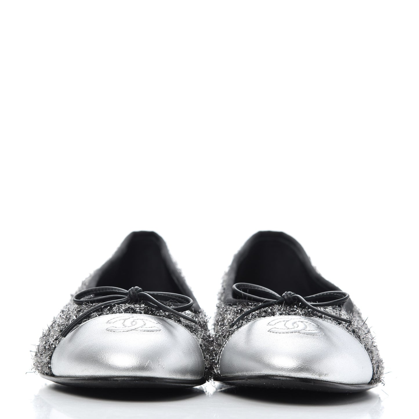 Metallic Tweed Lambskin Cap Toe Ballerina Flats 41 Black Silver