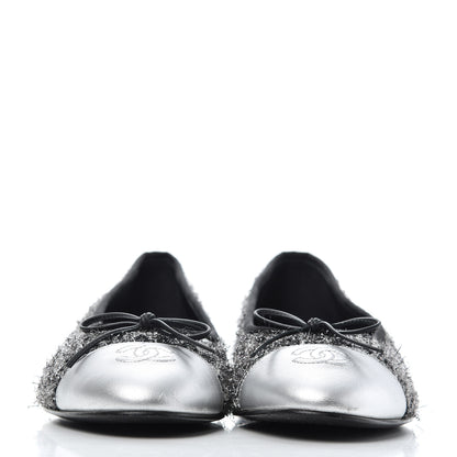 Chanel Metallic Tweed Lambskin Cap Toe Ballerina Flats 41 Black Silver 2 of 15
