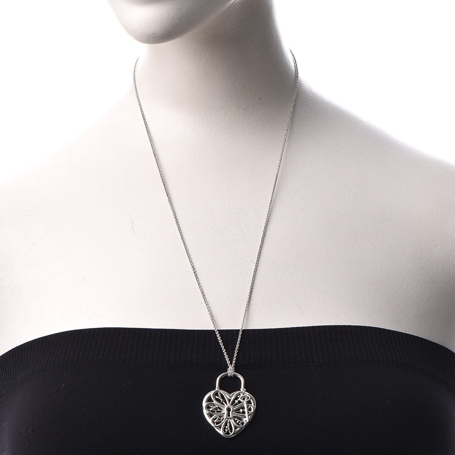 Tiffany Sterling Silver Filigree Heart Key Pendant Necklace 2 of 8