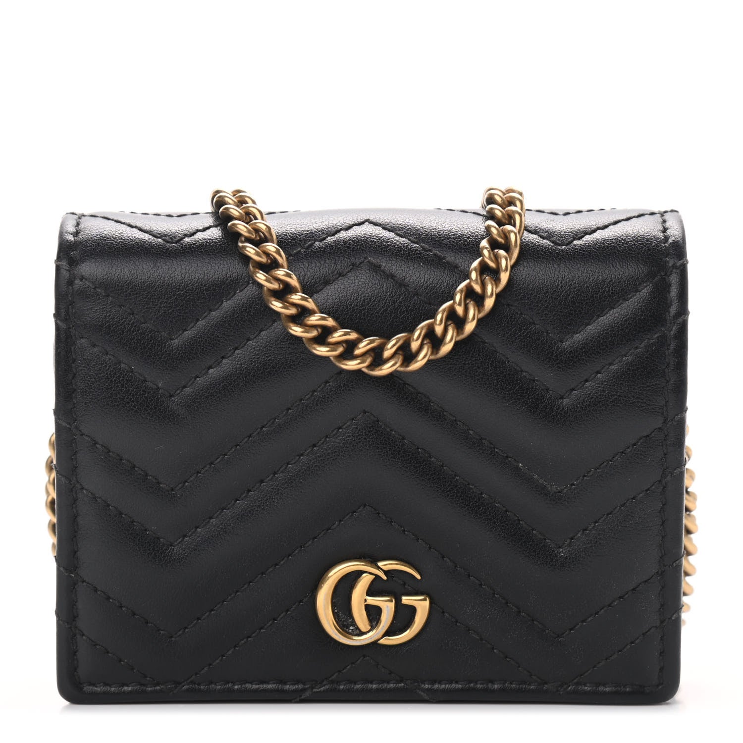 Gucci Calfskin Matelasse GG Marmont Mini Wallet On Chain Black 1 of 8