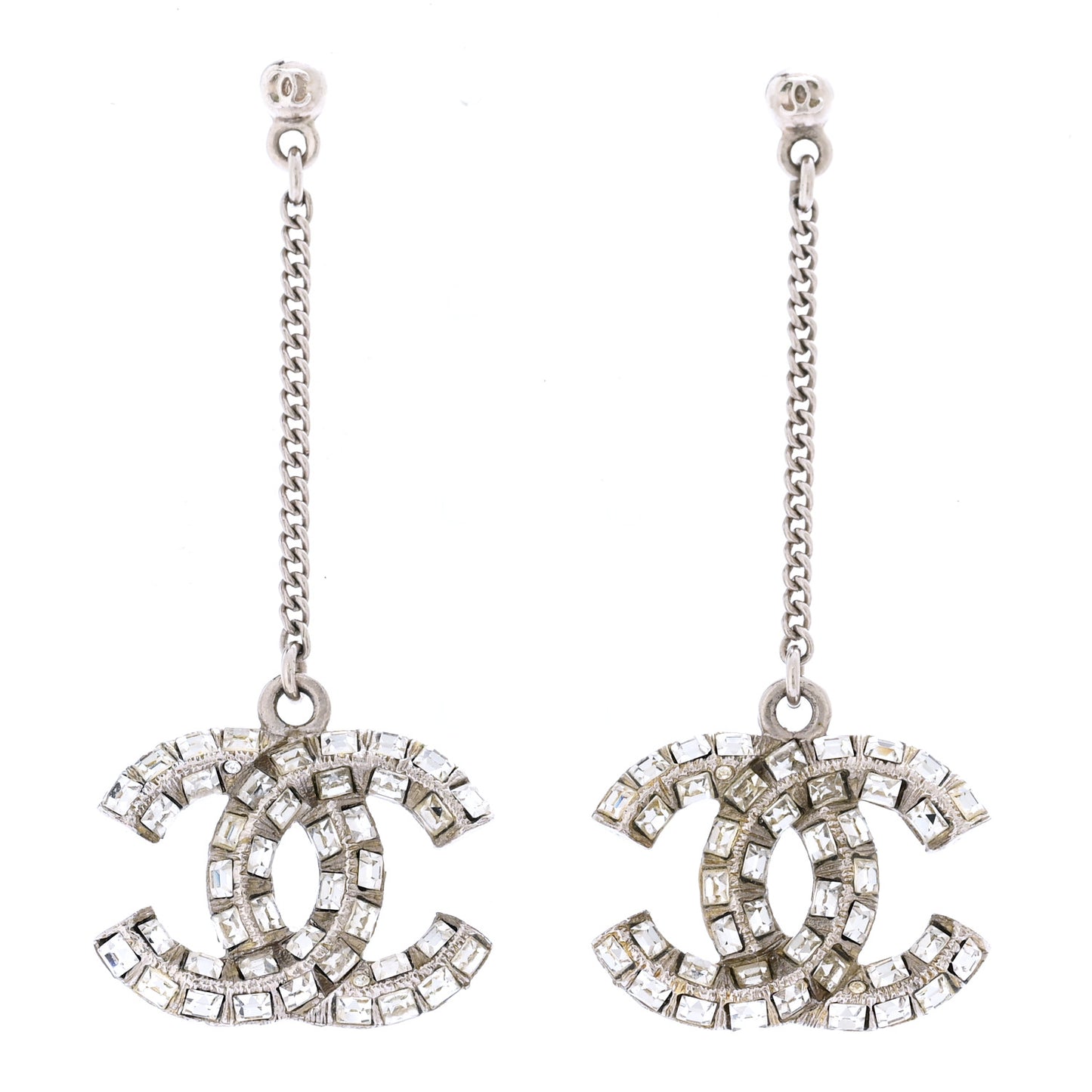 Baguette Crystal CC Drop Earrings Silver