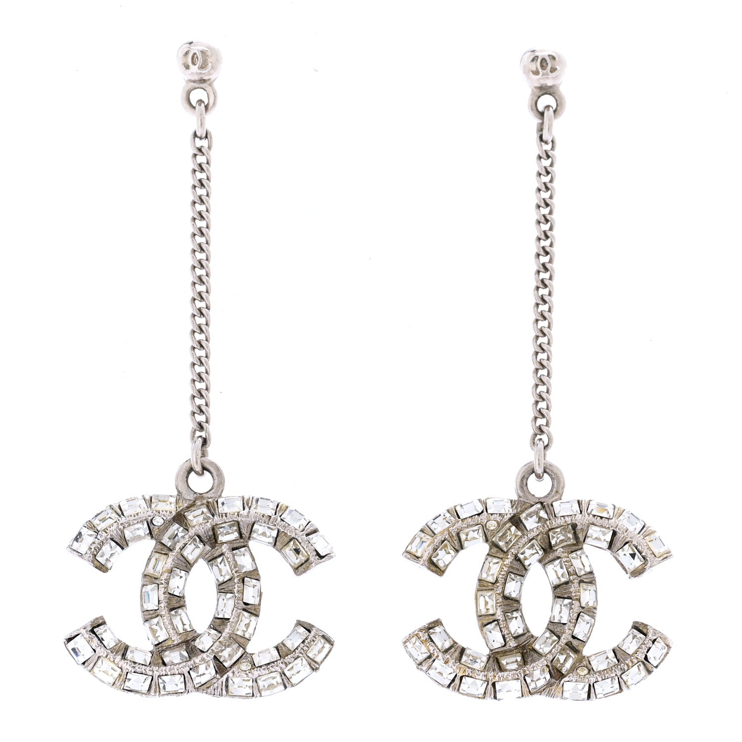 Chanel Baguette Crystal CC Drop Earrings Silver 1 of 4
