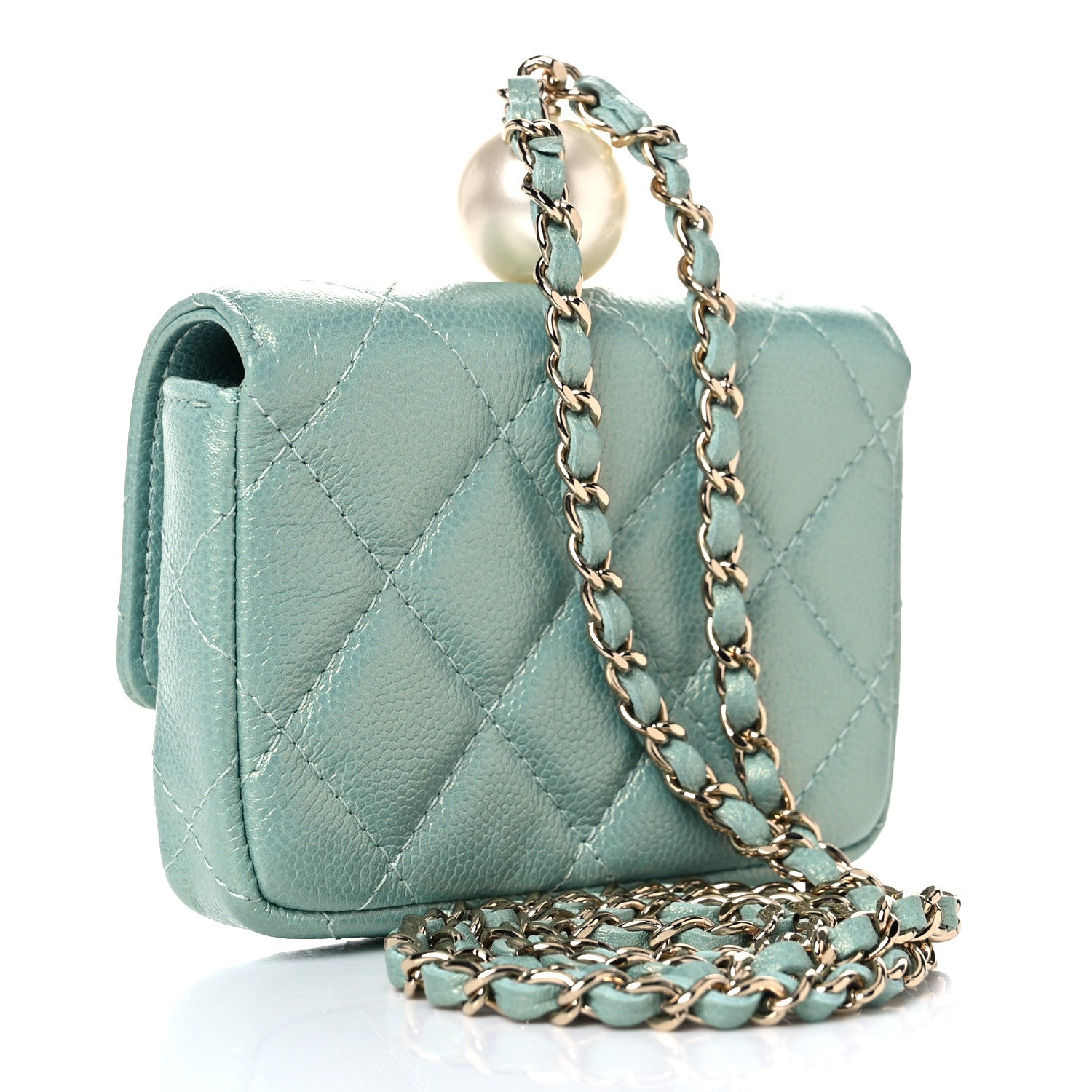 Chanel Iridescent Caviar Quilted Pearl On Top Coin Purse With Chain Light Green 3 of 11