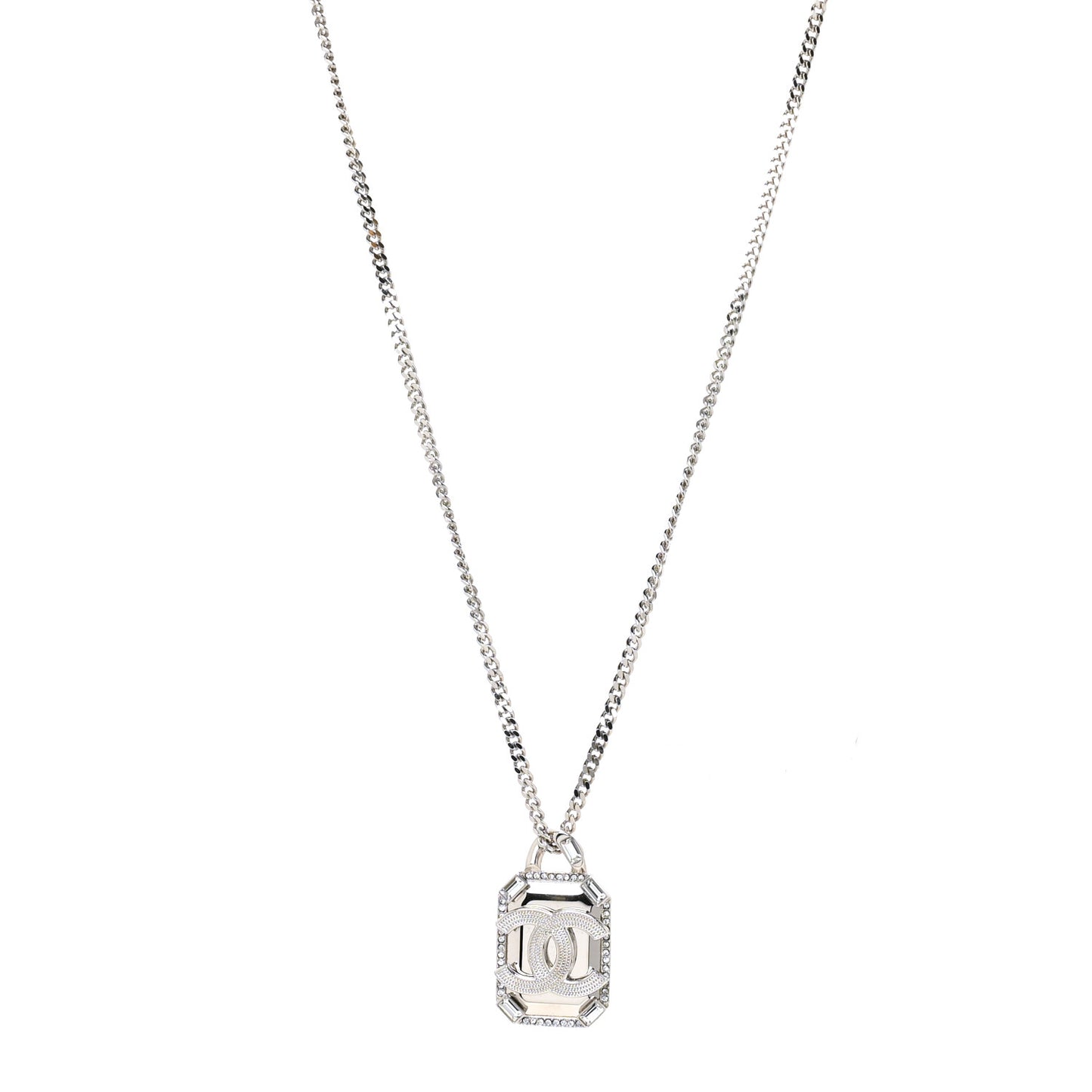 Crystal Baguette CC Mirror Pendant Necklace Silver
