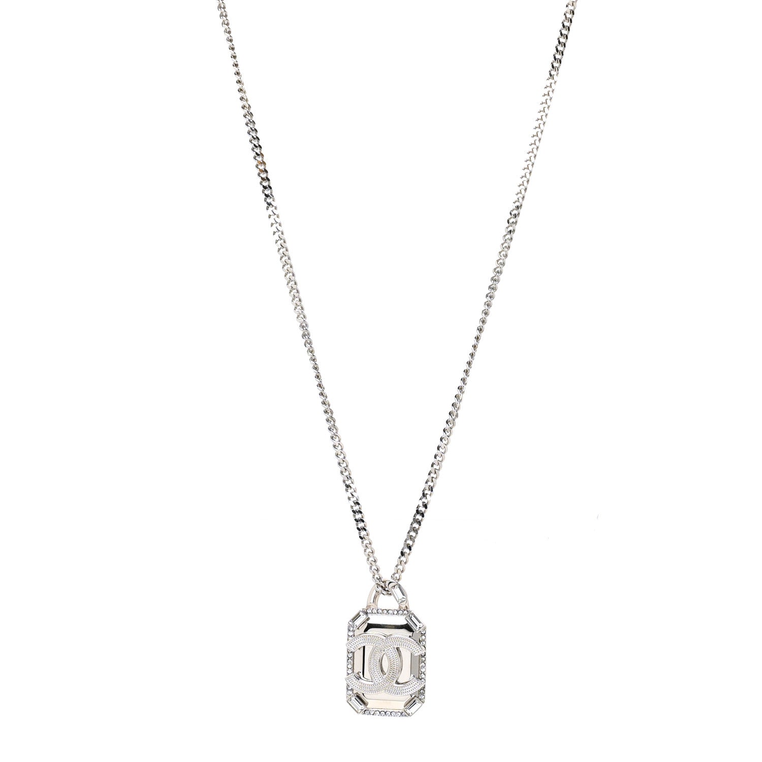 Chanel Crystal Baguette CC Mirror Pendant Necklace Silver 1 of 5