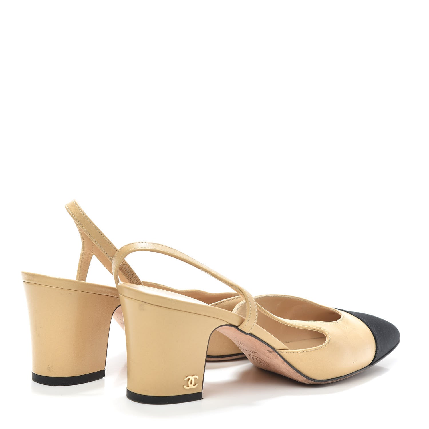 Chanel Goatskin Grosgrain Cap Toe CC Slingback Pumps 37.5 Beige Black 4 of 7