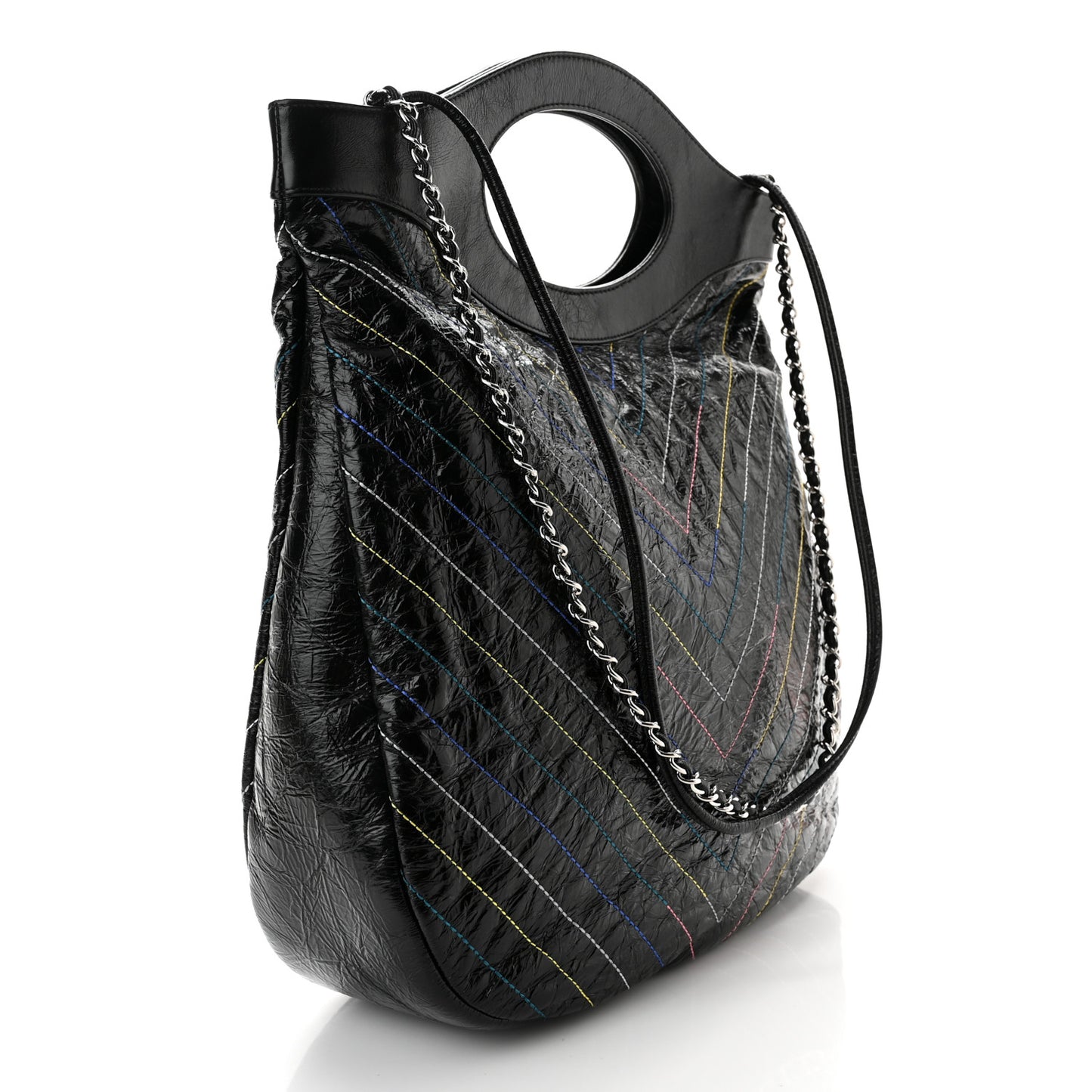 Glazed Calfskin Chevron Stitched Large 31 Shopping Bag Black Multicolor