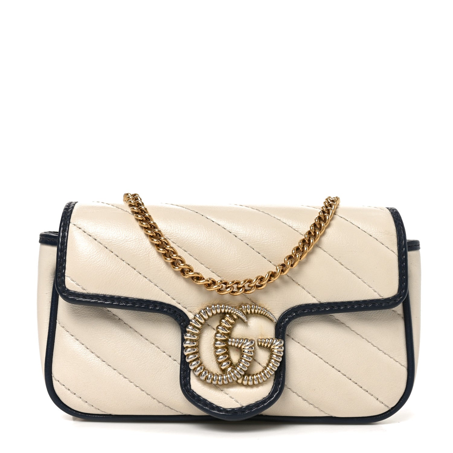 Gucci Vintage Effect Calfskin Matelasse Diagonal Super Mini Torchon GG Marmont Shoulder Bag Mystic White Blue Agata 1 of 10