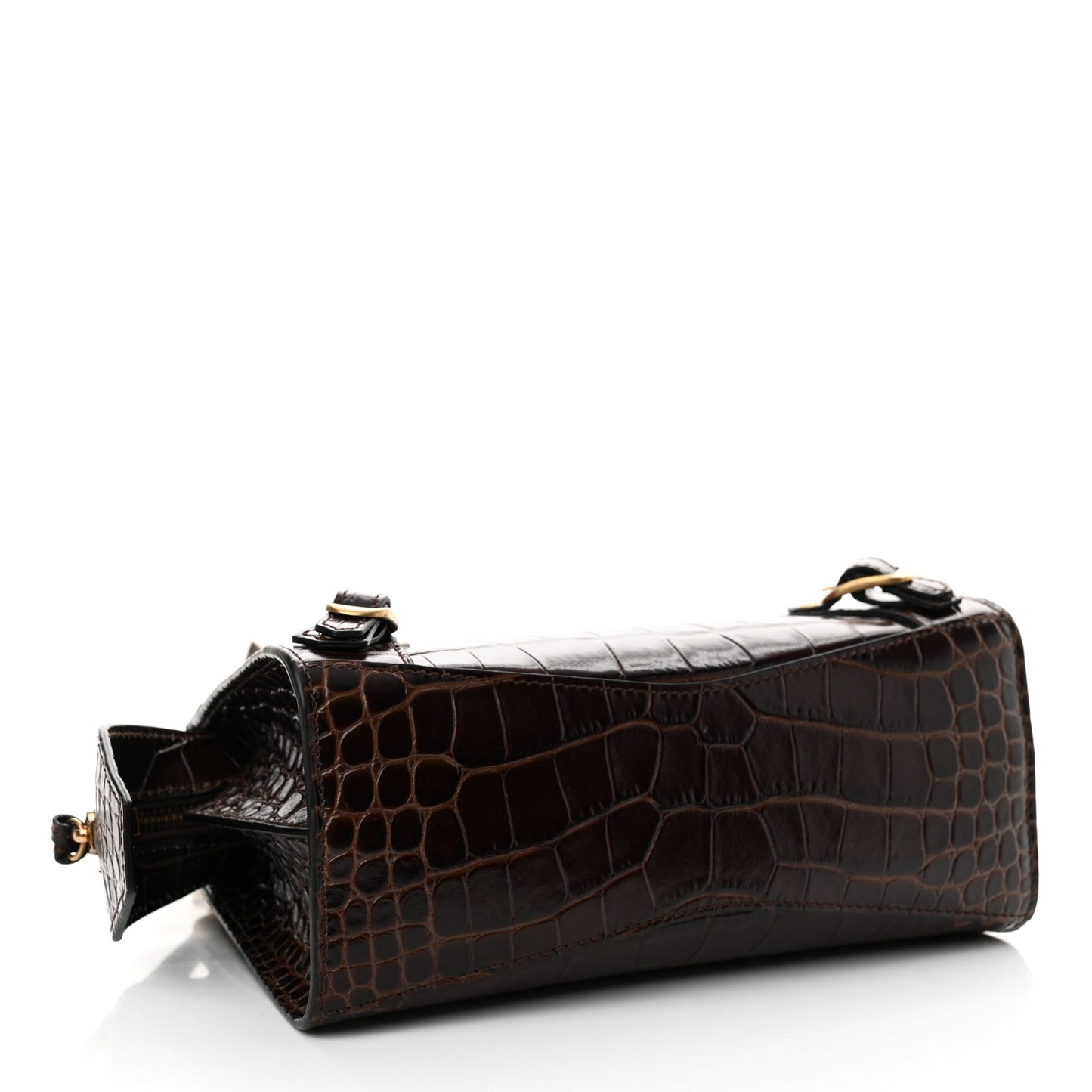 Semi Shiny Calfskin Crocodile Embossed Neo Classic Gold Hardware Mini City Dark Brown