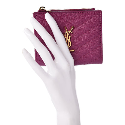 Saint Laurent Grain De Poudre Matelasse Chevron Monogram Zipped Card Case Dark Grape 2 of 9