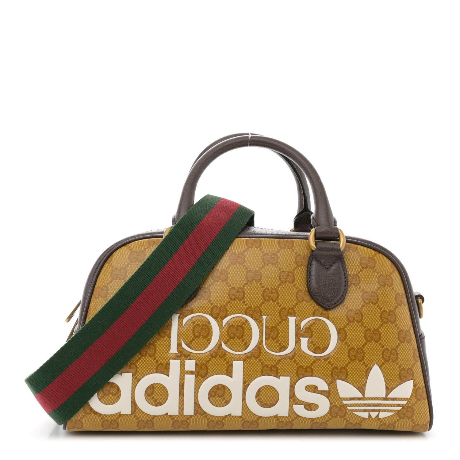 Gucci X ADIDAS Crystal Vintage Monogram Textured Dollar Calfskin Web Trefoil Logo Mini Bowling Bag Mid Natural Nut Off White New Acero 1 of 10