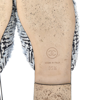 Chanel Tweed Grosgrain Camellia CC Flat Mules 35.5 Blue Silver Black 6 of 8