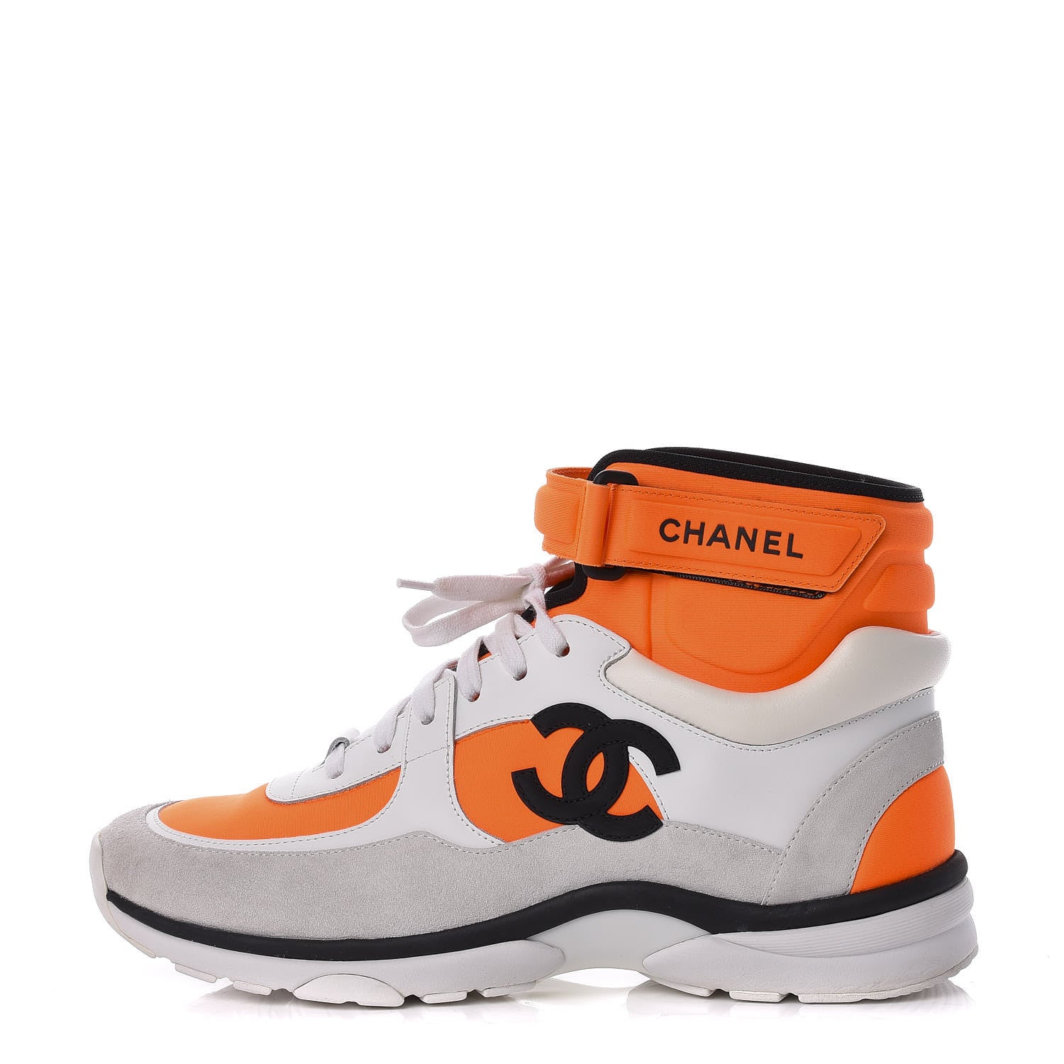 Chanel Suede Calfskin Lambskin Neoprene High Top CC Sneakers White Fluo Orange 1 of 10