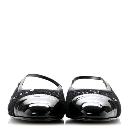 Chanel Tweed Patent Calfskin Cap Toe CC Slingback Flats 36 Black 3 of 9
