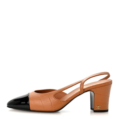 Chanel Calfskin Crocodile Embossed Patent Cap Toe CC Slingback Pumps 41.5 Light Brown Black 1 of 9