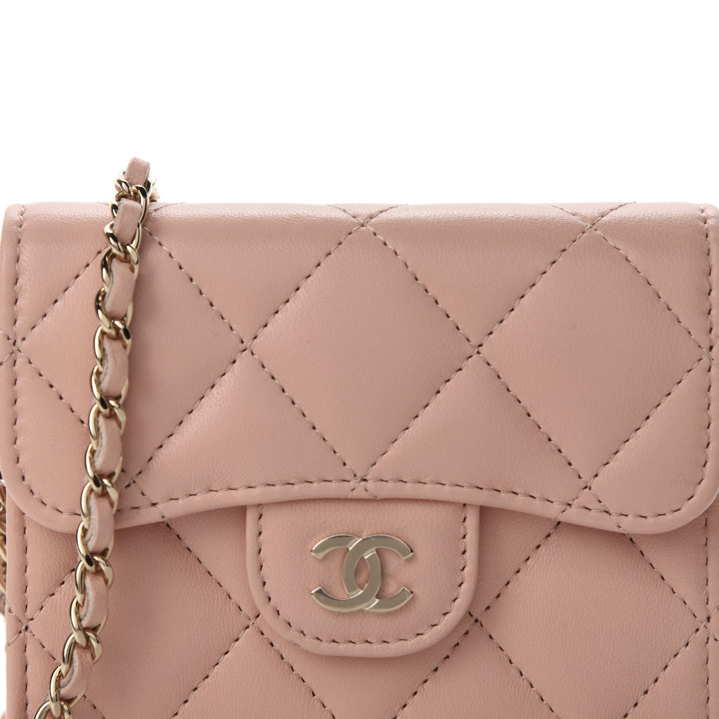 Lambskin Quilted Flap Card Holder On Chain Light Pink