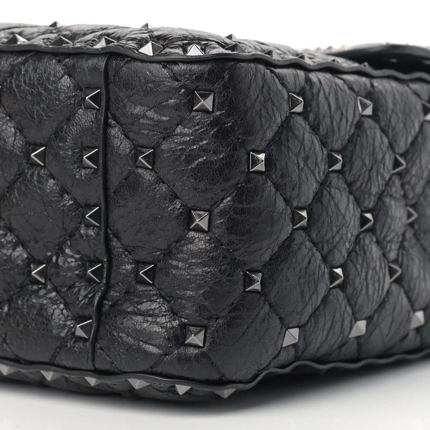 Craquele Nappa Large Rockstud Spike Shoulder Bag Black