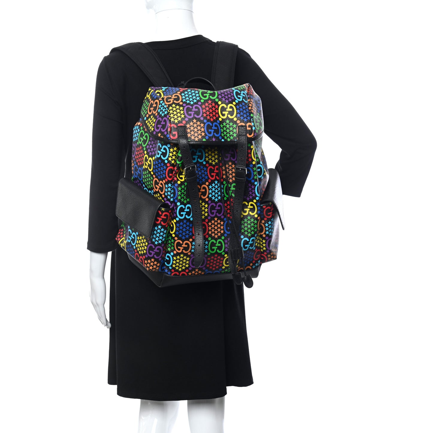 GG Supreme Monogram Psychedelic Medium Double Buckle Backpack Black Multicolor