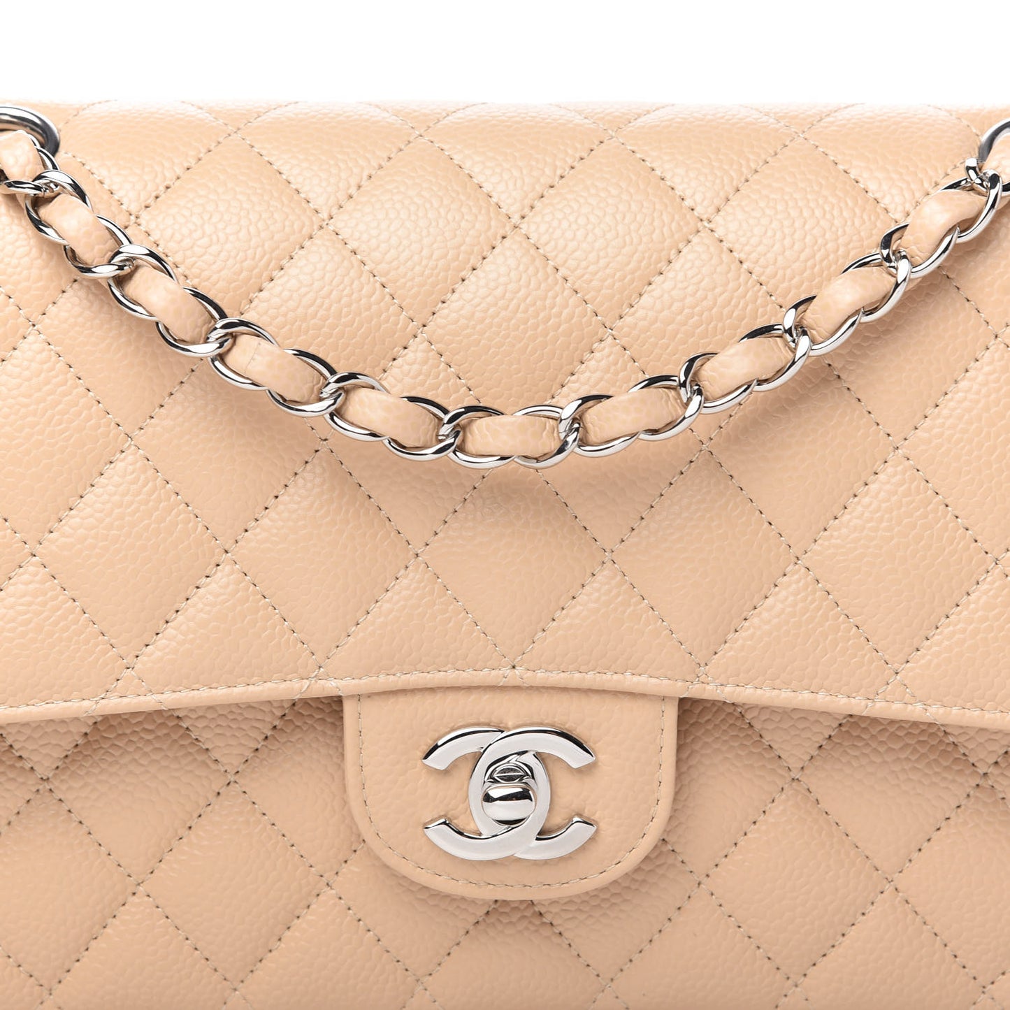 Caviar Quilted Medium Double Flap Beige