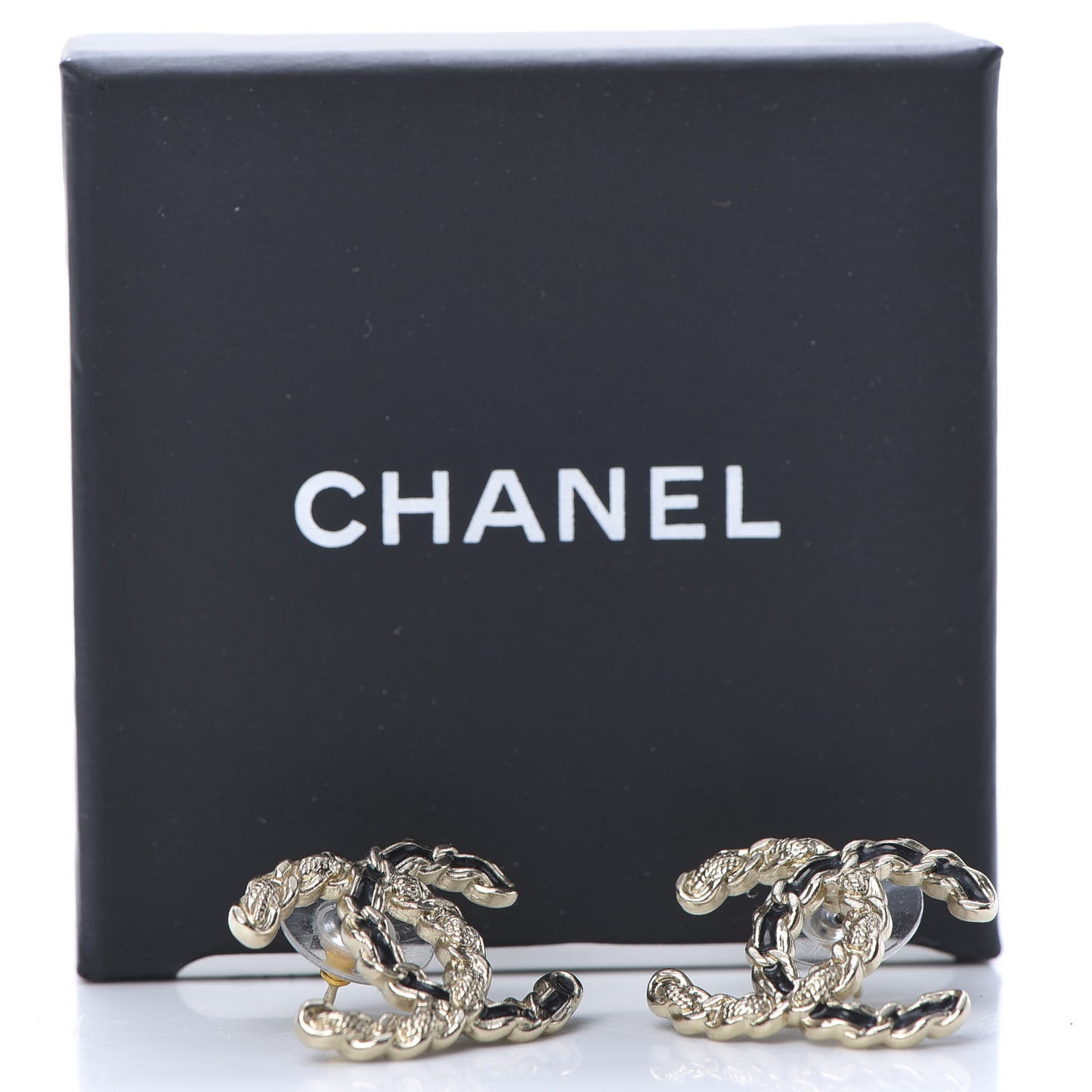 Enamel Metal Chain French New Wave CC Earrings Black Gold