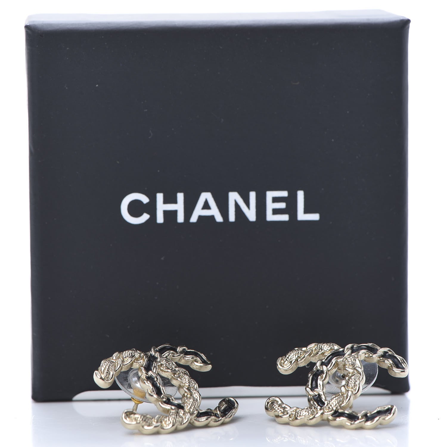 Chanel Enamel Metal Chain French New Wave CC Earrings Black Gold 5 of 5
