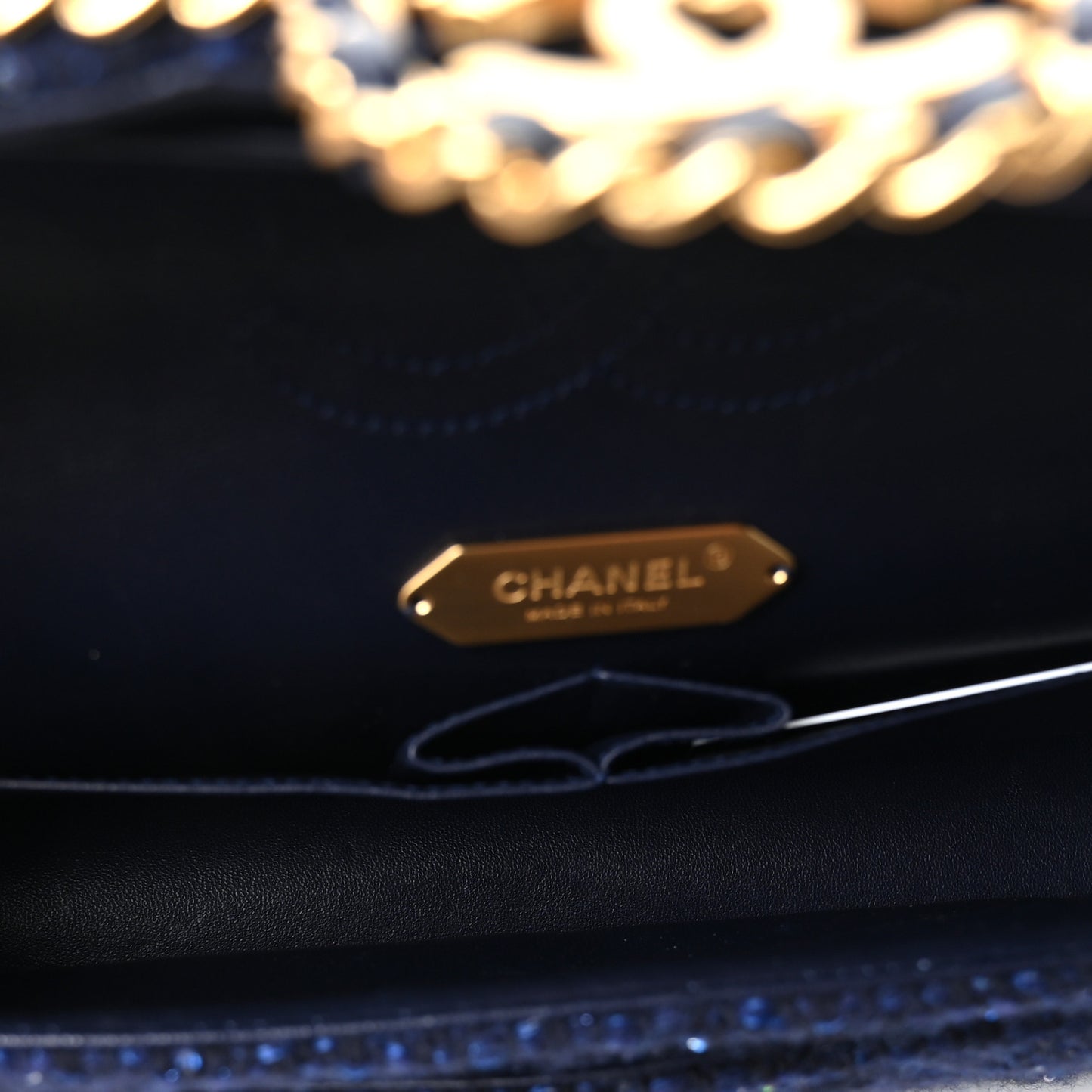 Tweed Sequin Timeless Classic Chained Double Flap Navy Blue