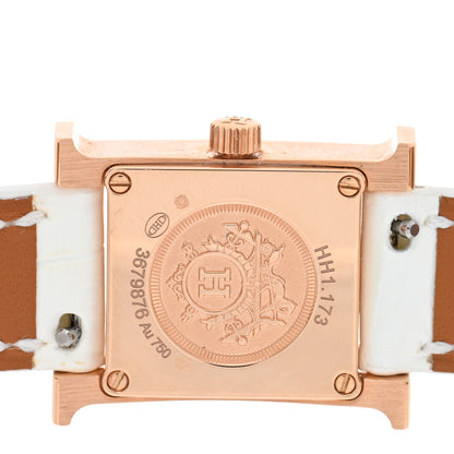 Hermes 18K Rose Gold Alligator Diamond Bezel Mother of Pearl 17.2mm Heure H Hour Quartz Watch Blanc 4 of 5