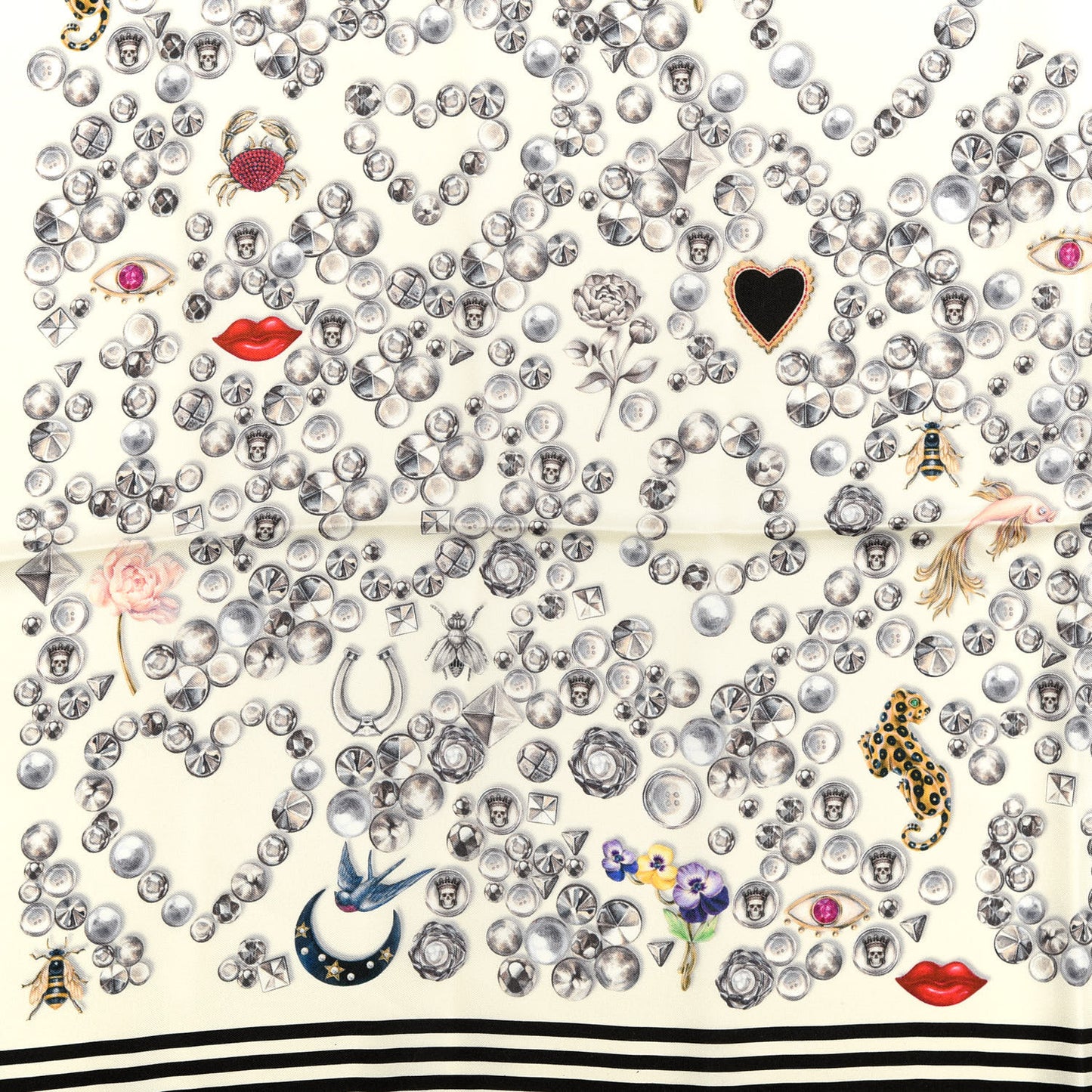 Silk Chiffon Jeweled Button Biker Skull Scarf White
