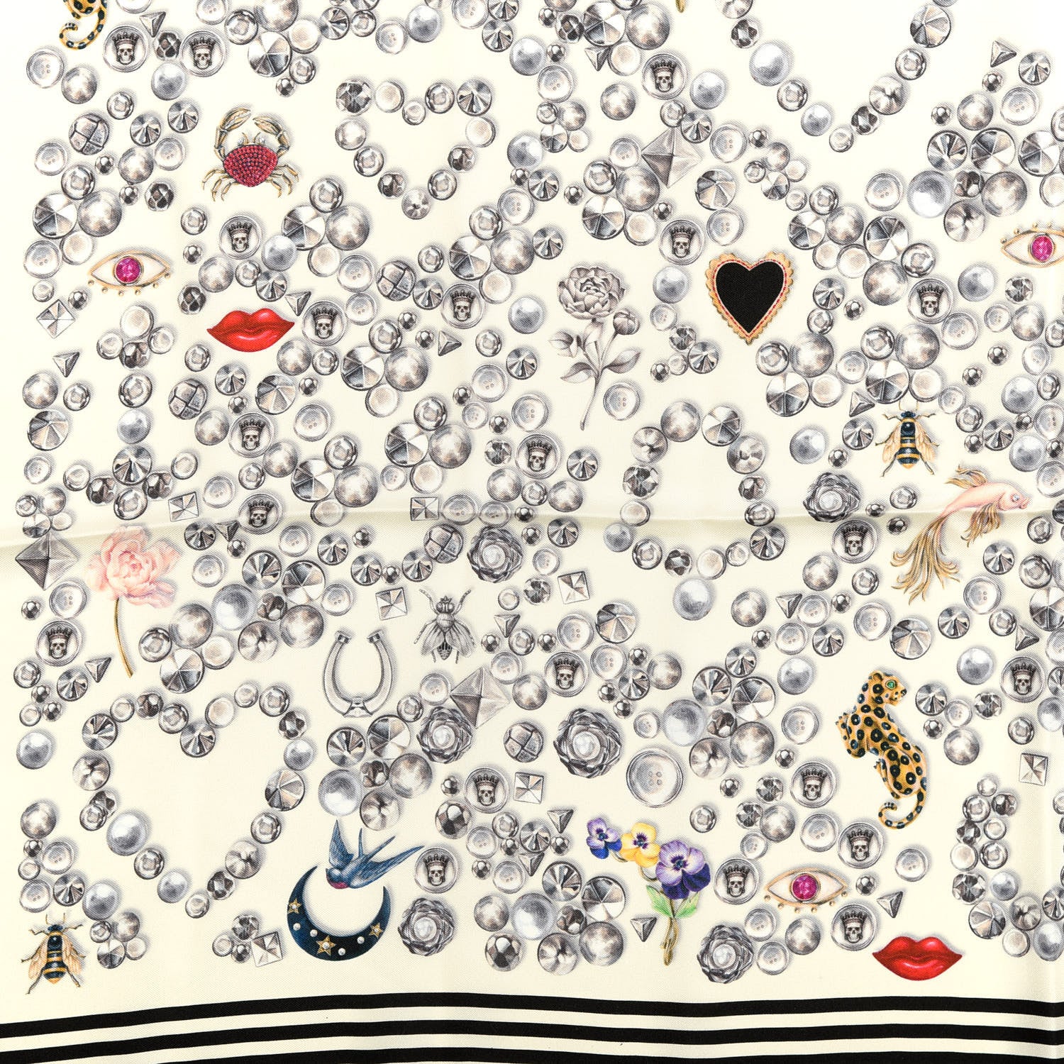 Alexander McQueen Silk Chiffon Jeweled Button Biker Skull Scarf White 2 of 3