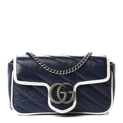 Gucci Vintage Effect Calfskin Matelasse Diagonal Super Mini Torchon GG Marmont Shoulder Bag Blue Agata Mystic White 1 of 12