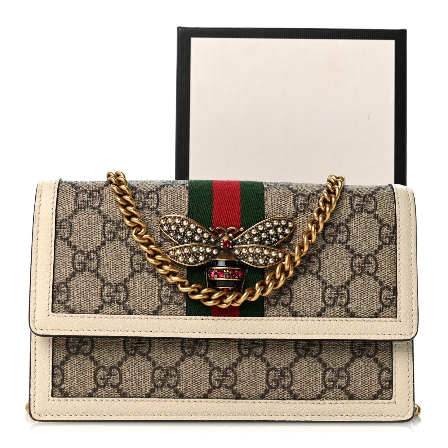 GG Supreme Monogram Web Queen Margaret Chain Wallet White