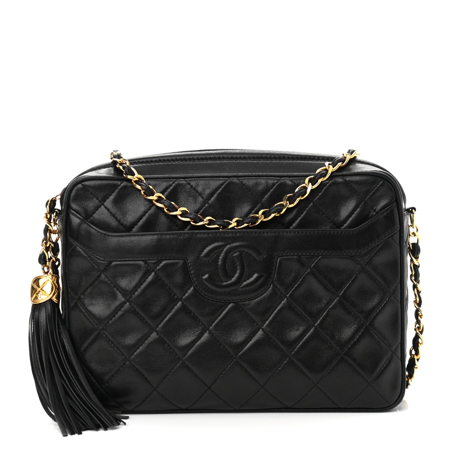 Lambskin Quilted CC Tassel Camera Case Black