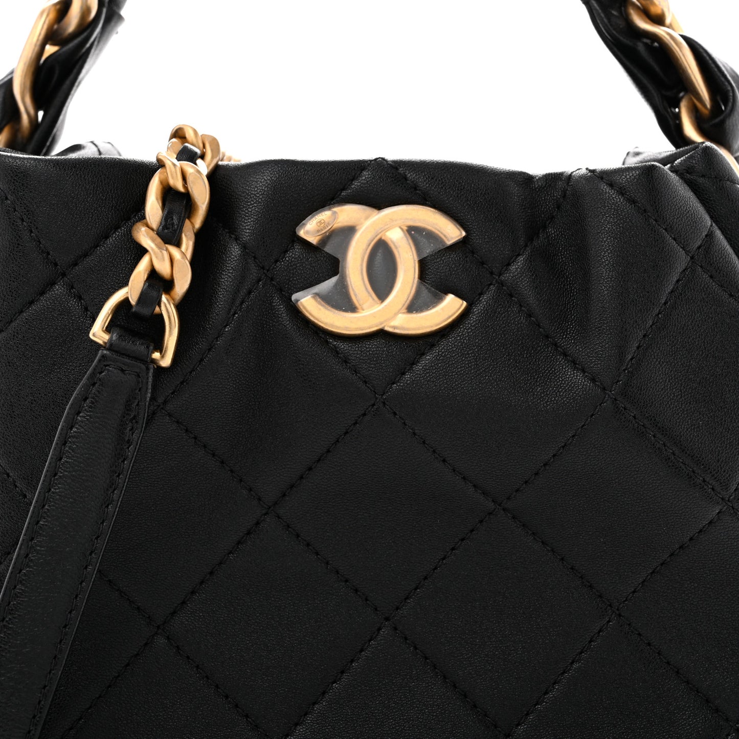 Shiny Lambskin Quilted Chain Is More Drawstring Bag Black