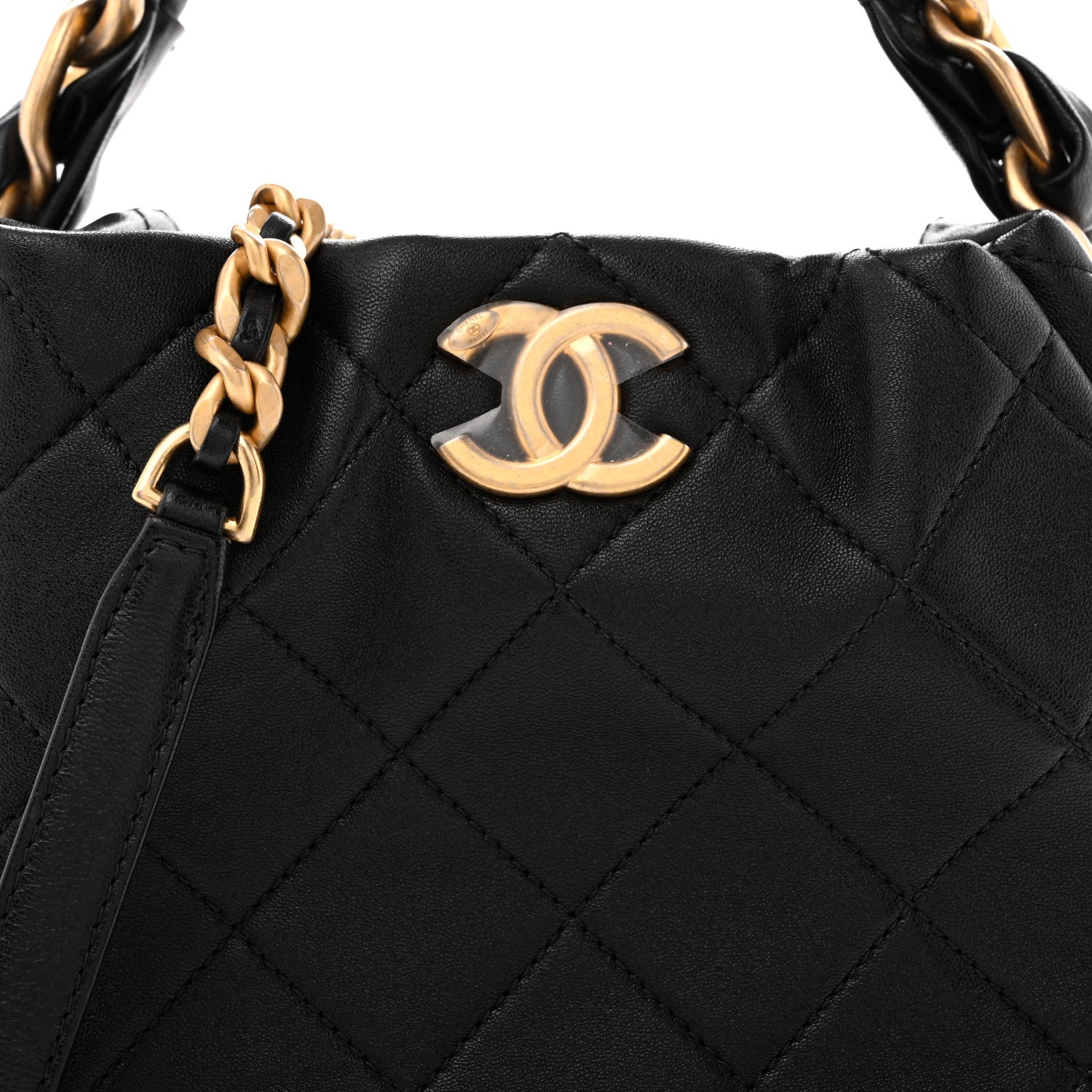 Chanel Shiny Lambskin Quilted Chain Is More Drawstring Bag Black 8 of 12