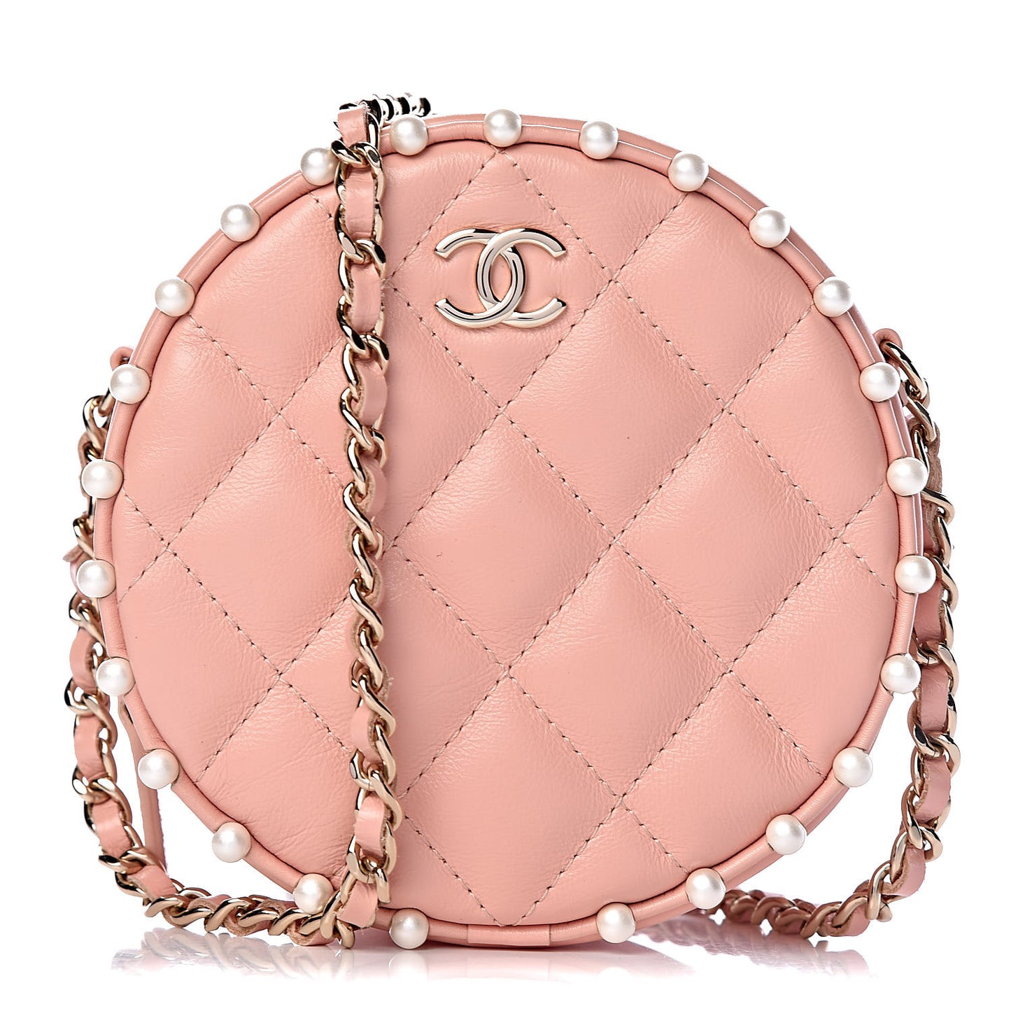 Calfskin Quilted Pearl Round Clutch With Chain Pink