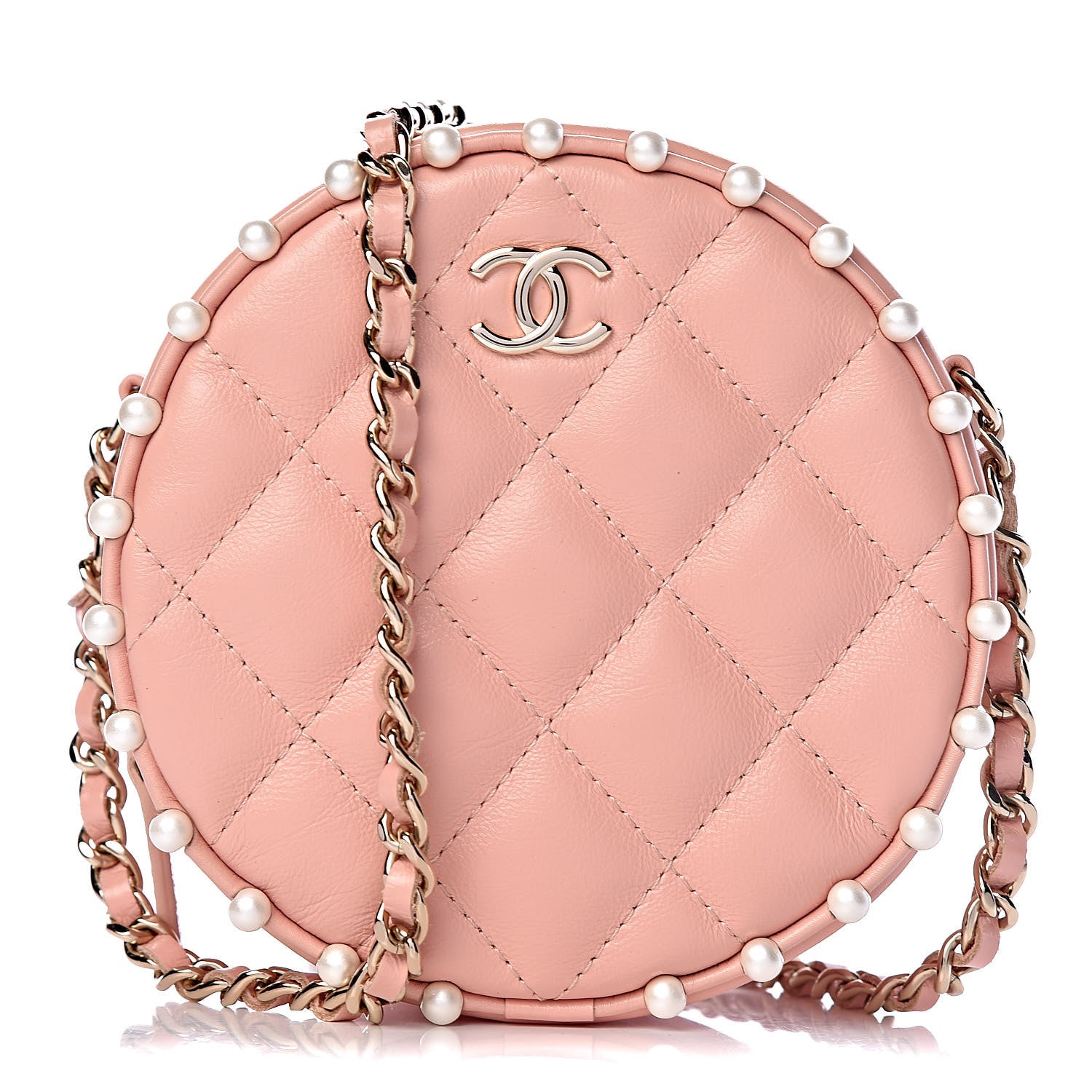 Chanel Calfskin Quilted Pearl Round Clutch With Chain Pink 1 of 11
