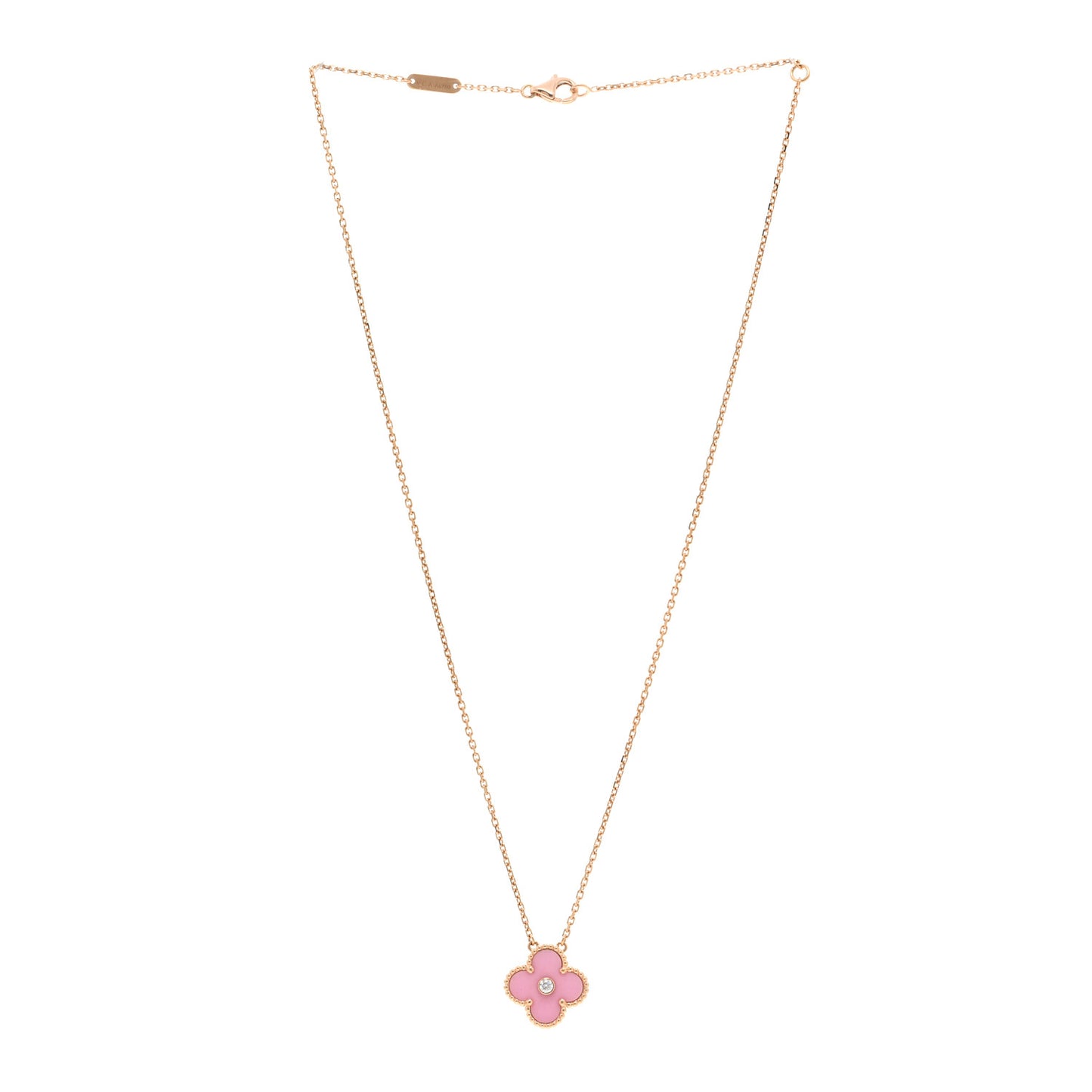 18K Rose Gold Diamond Pink Porcelain Vintage Alhambra Pendant Necklace